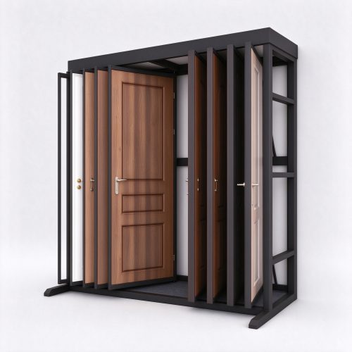 Flip-book wooden door display rack with black metal frame, right 45 degree view