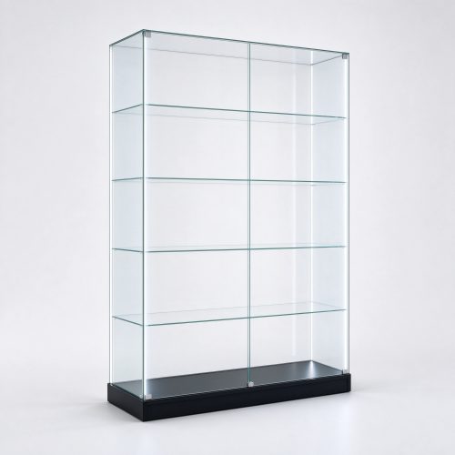 Frameless glass showcase left 45 degree view