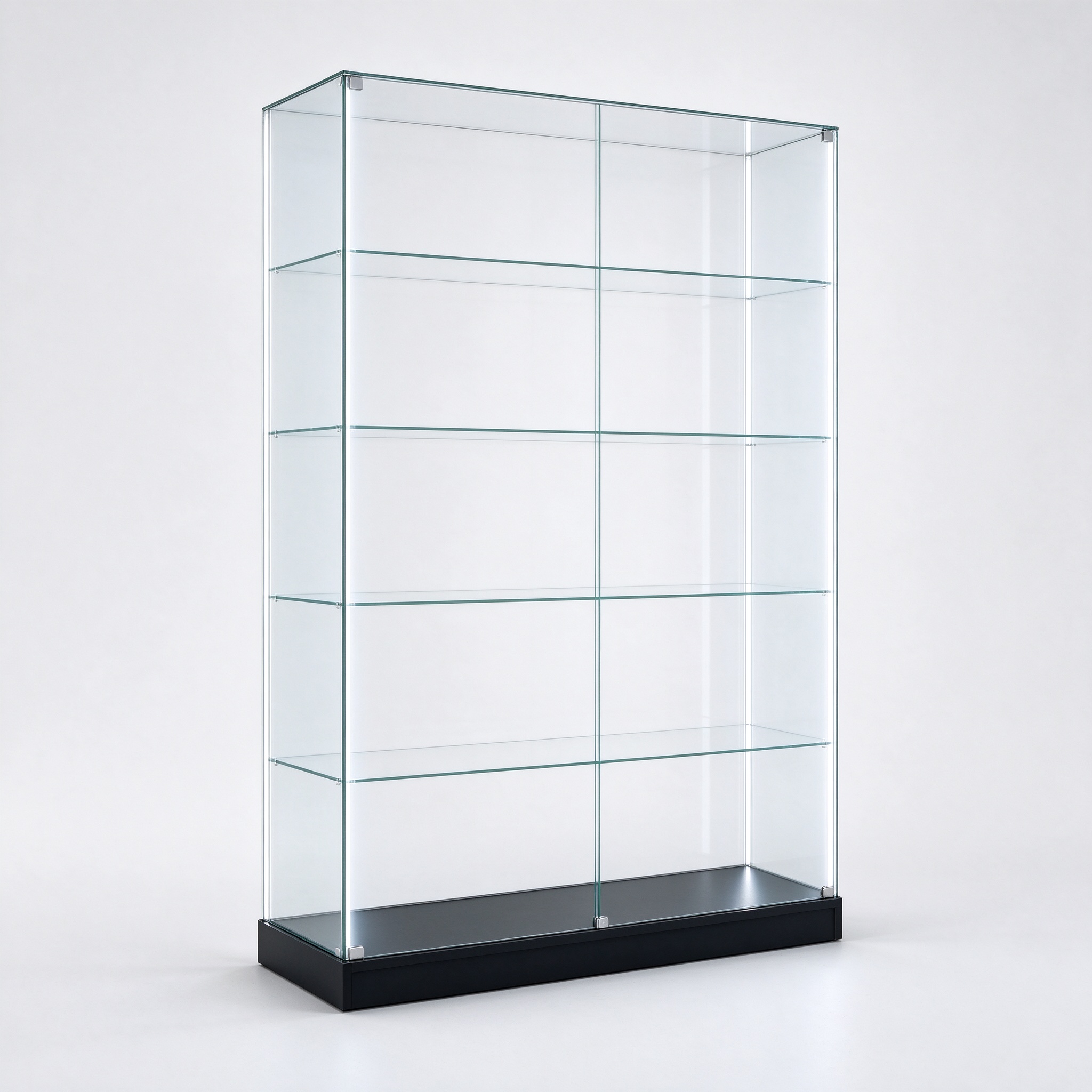 Frameless glass showcase left 45 degree view