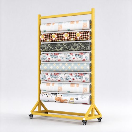 Yellow mobile fabric roll rack, left 45 degree view