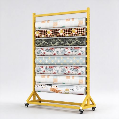 Yellow mobile fabric roll rack, right 45 degree view