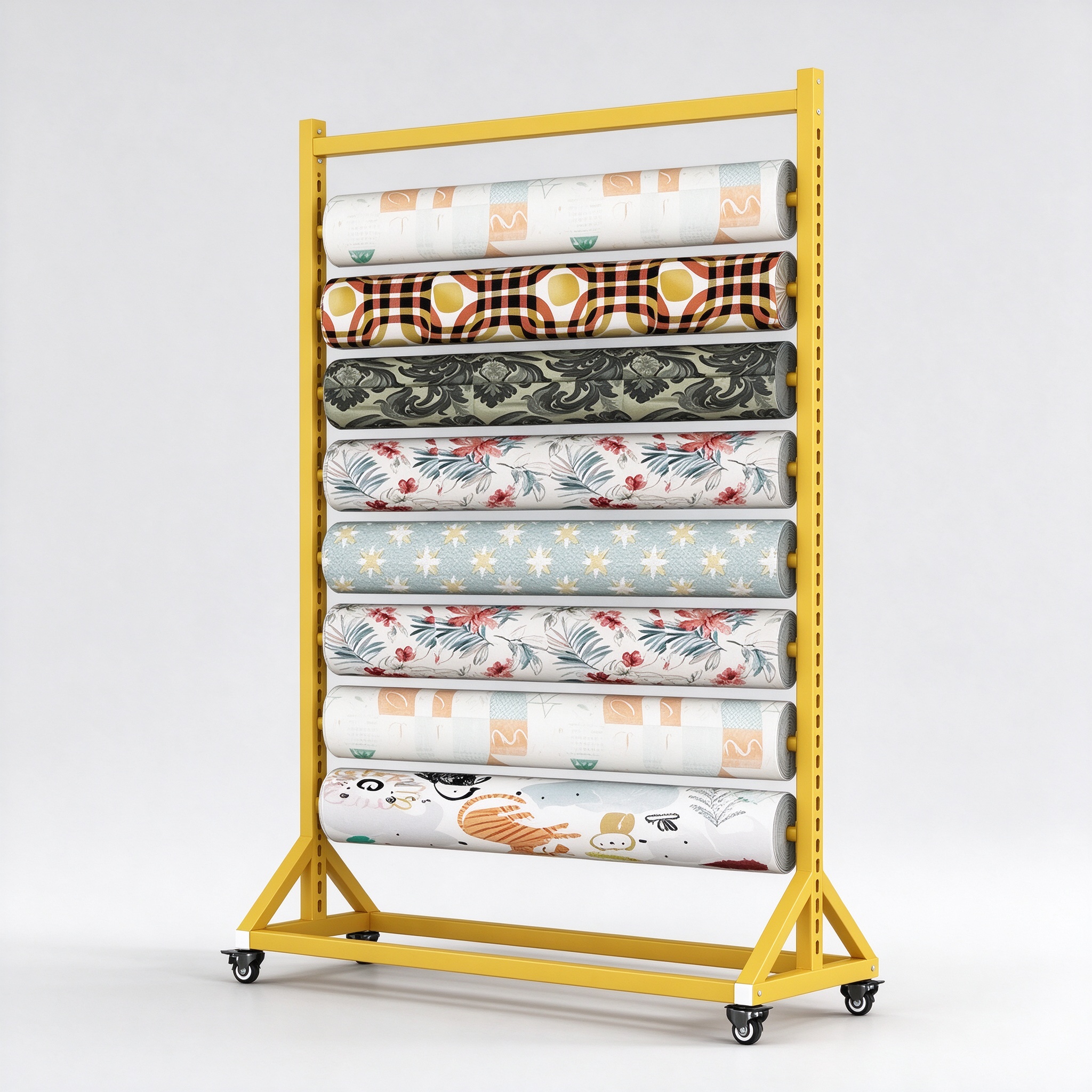Yellow mobile fabric roll rack, right 45 degree view