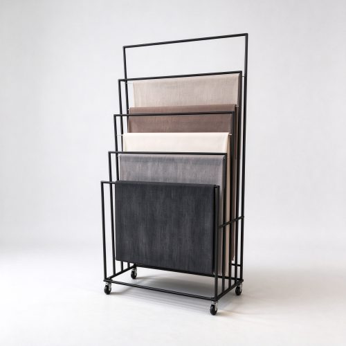Black metal mobile fabric sample rack, left 45 degree view