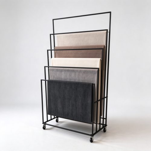 Black metal mobile fabric sample rack, right 45 degree view