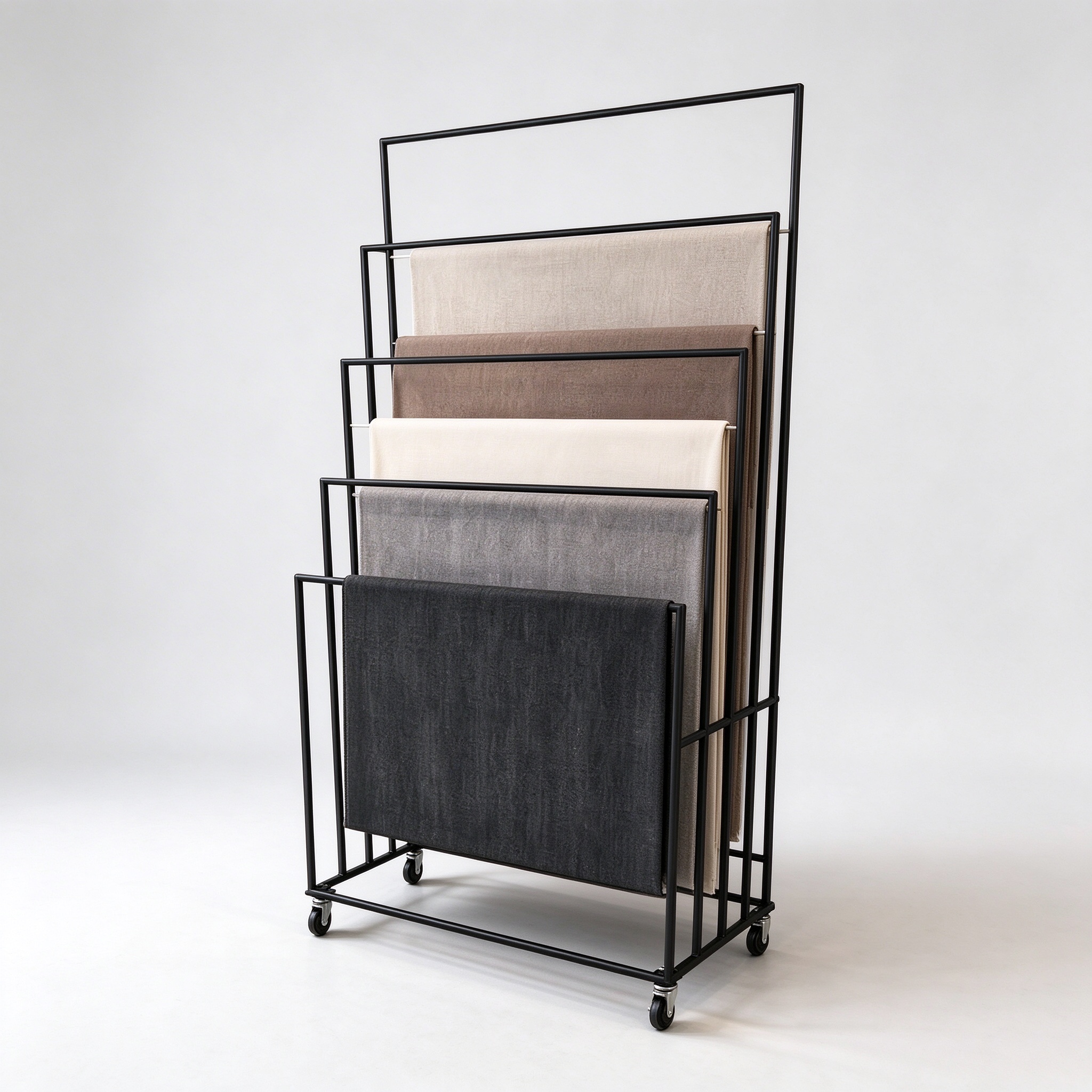 Black metal mobile fabric sample rack, right 45 degree view