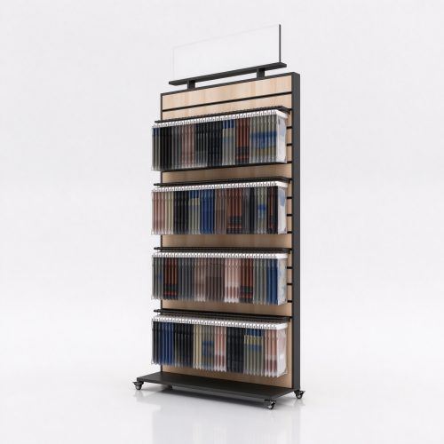 Mobile fabric swatch sample rack, left 45 degree view