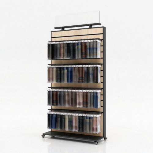 Mobile fabric swatch sample rack, right 45 degree view