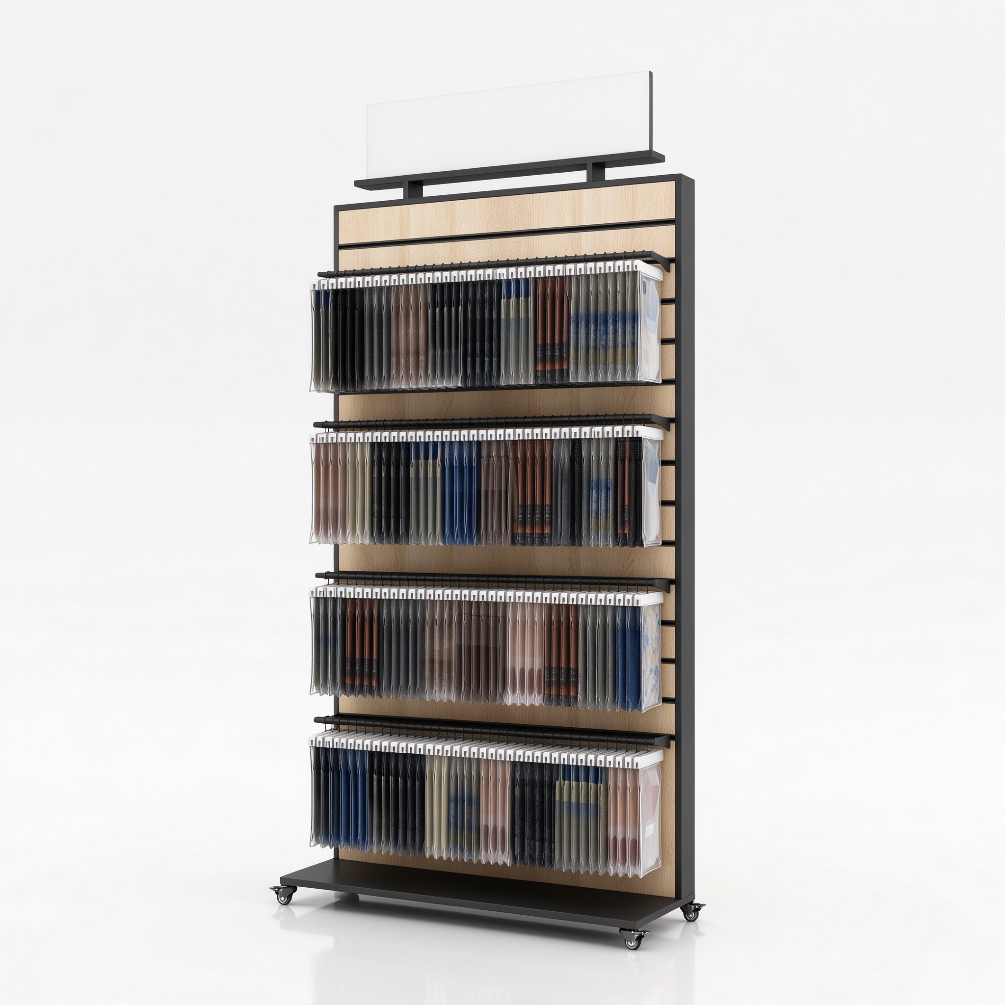 Mobile fabric swatch sample rack, right 45 degree view