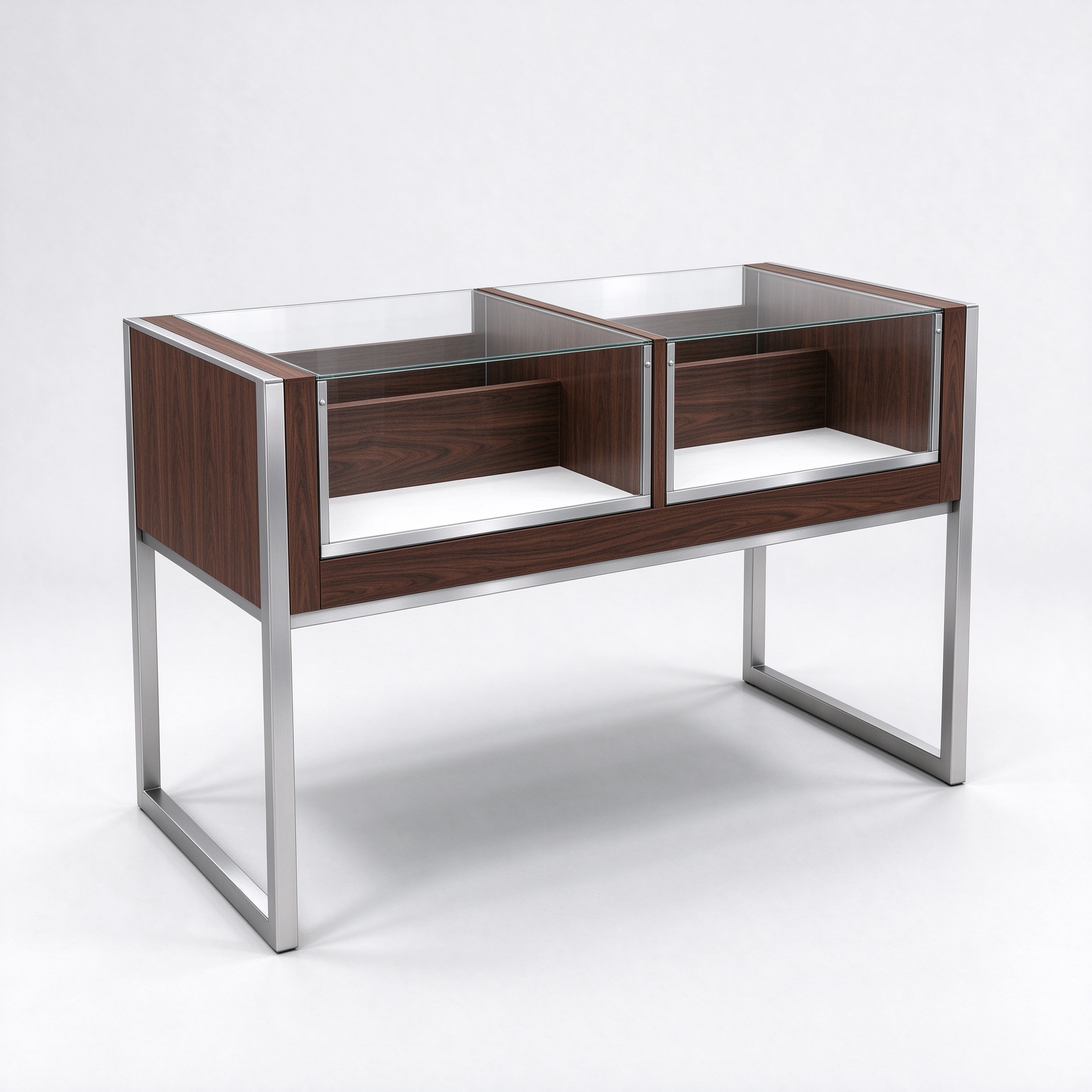 Walnut wood cannabis display table left 45 degree angle view