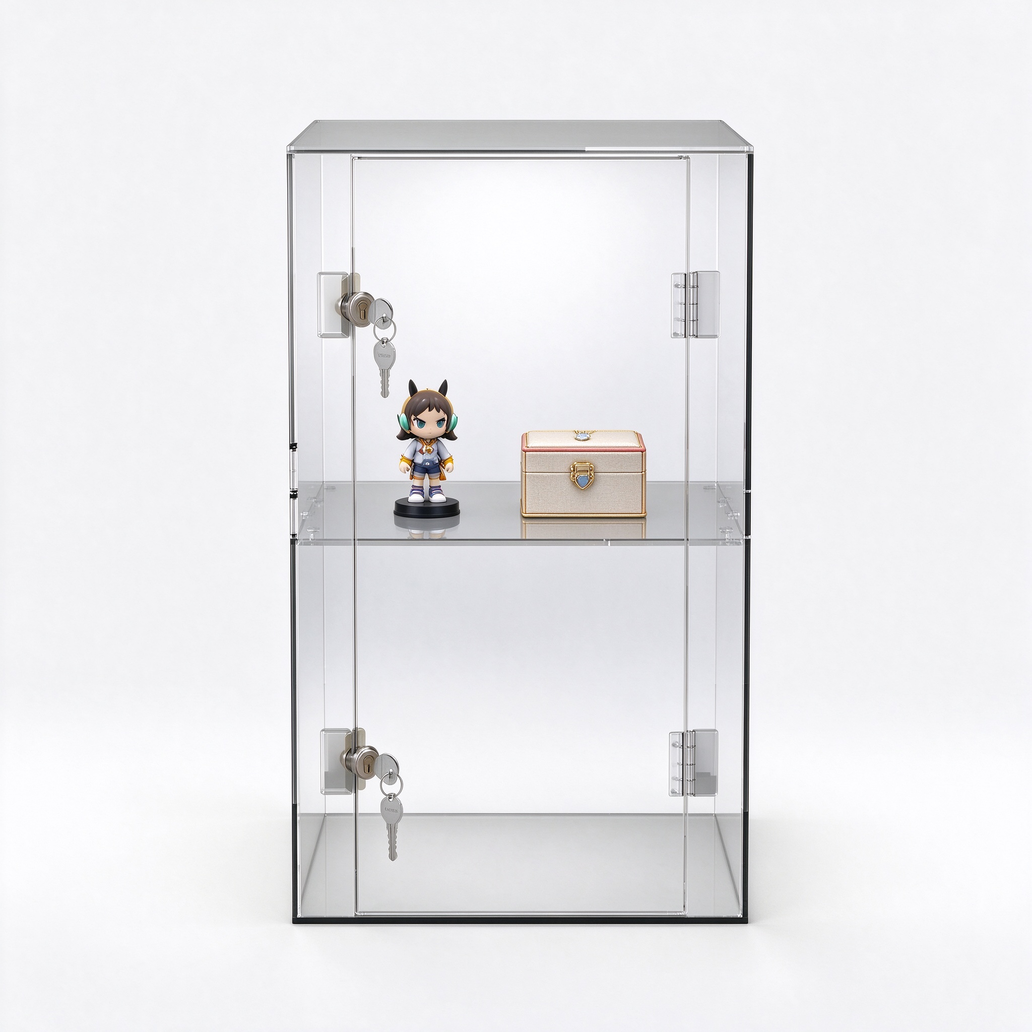 Clear acrylic lockable display case straight-on view