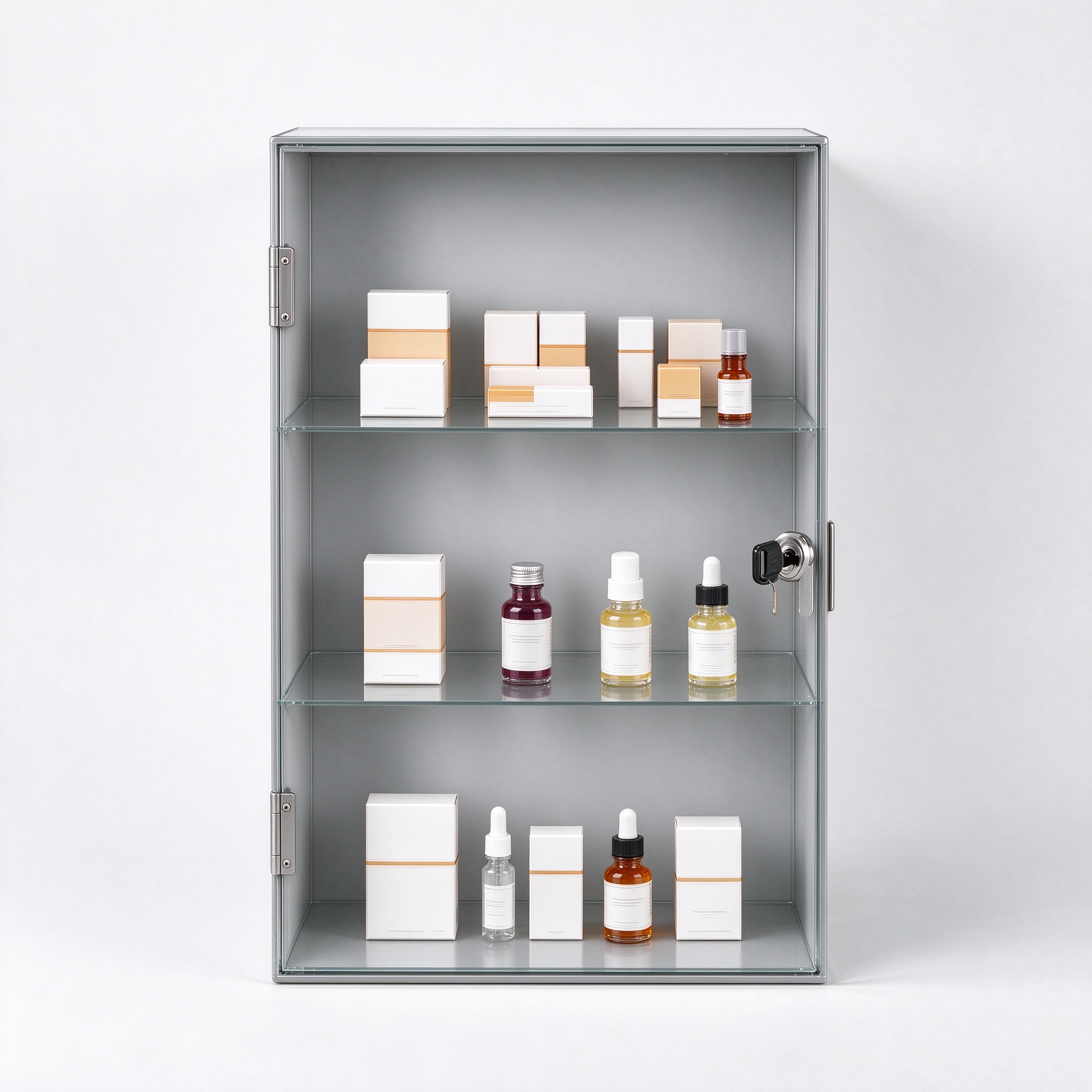 Light gray wall mounted lockable display case straight-on view