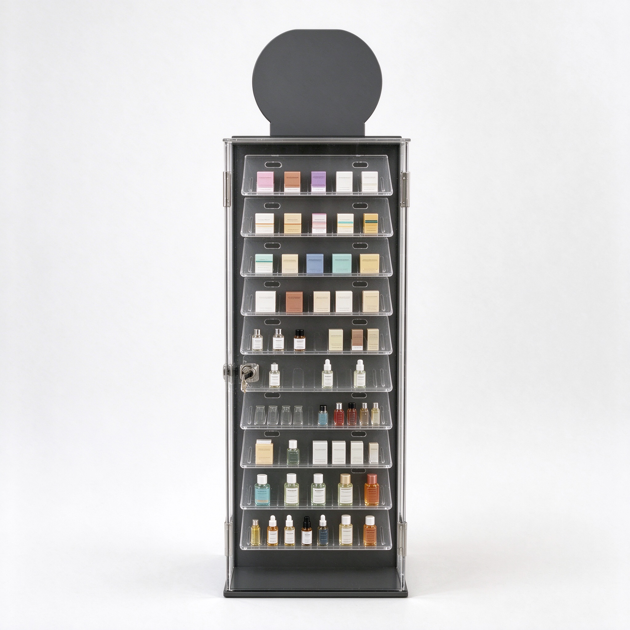 Clear acrylic lockable double-sided display tower straight-on view