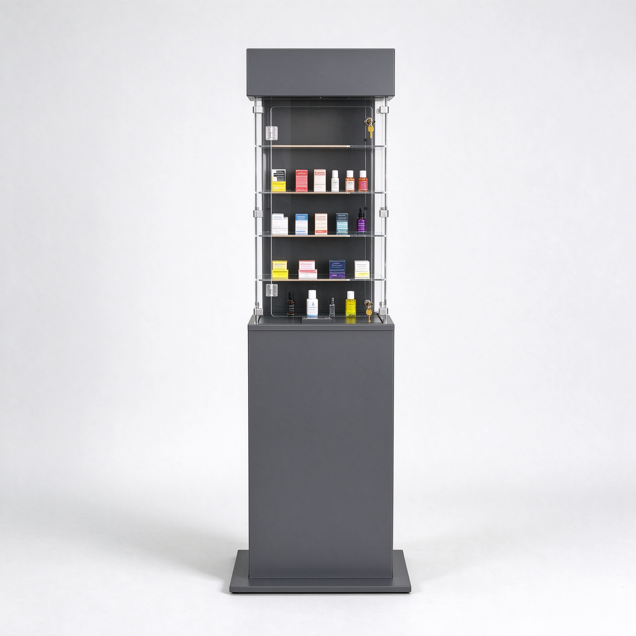 Dark gray floor standing lockable acrylic tower straight-on view