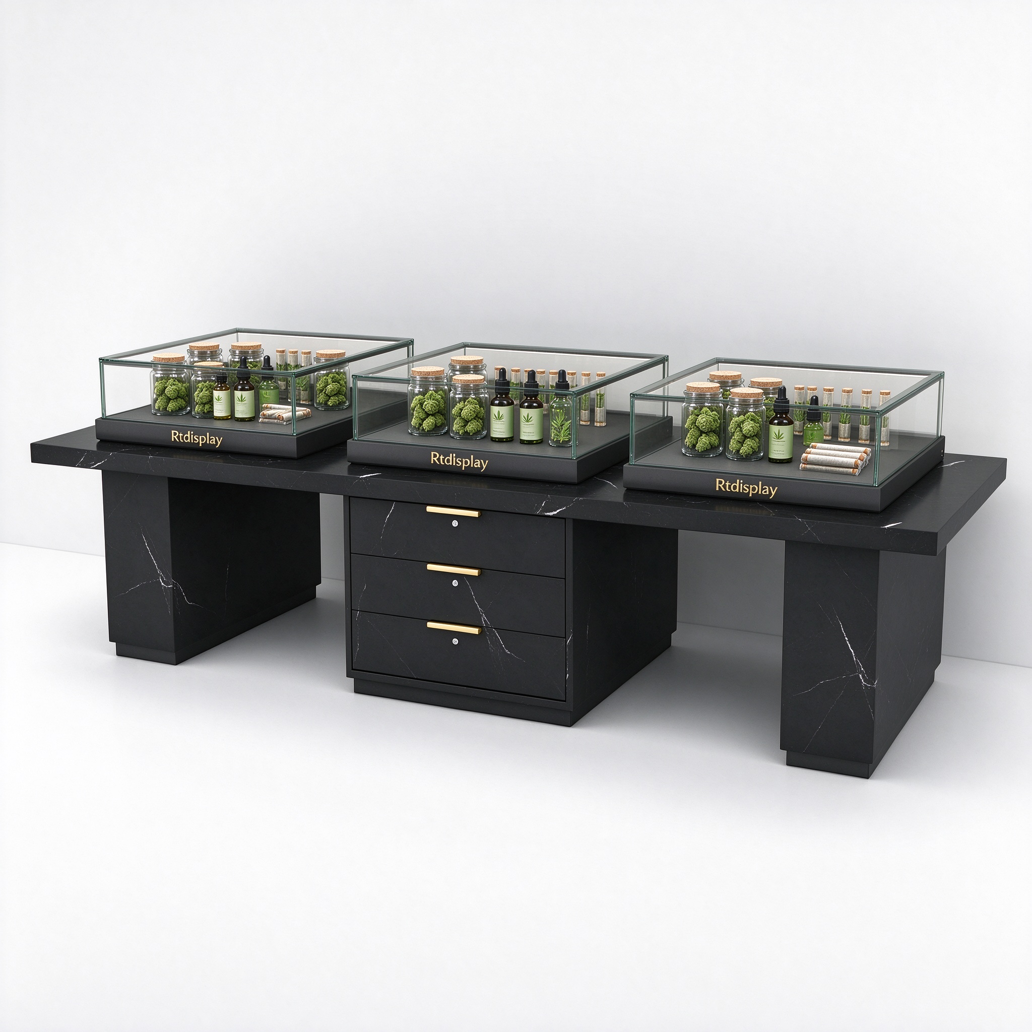 Black marble three-box cannabis display table left 45 degree angle