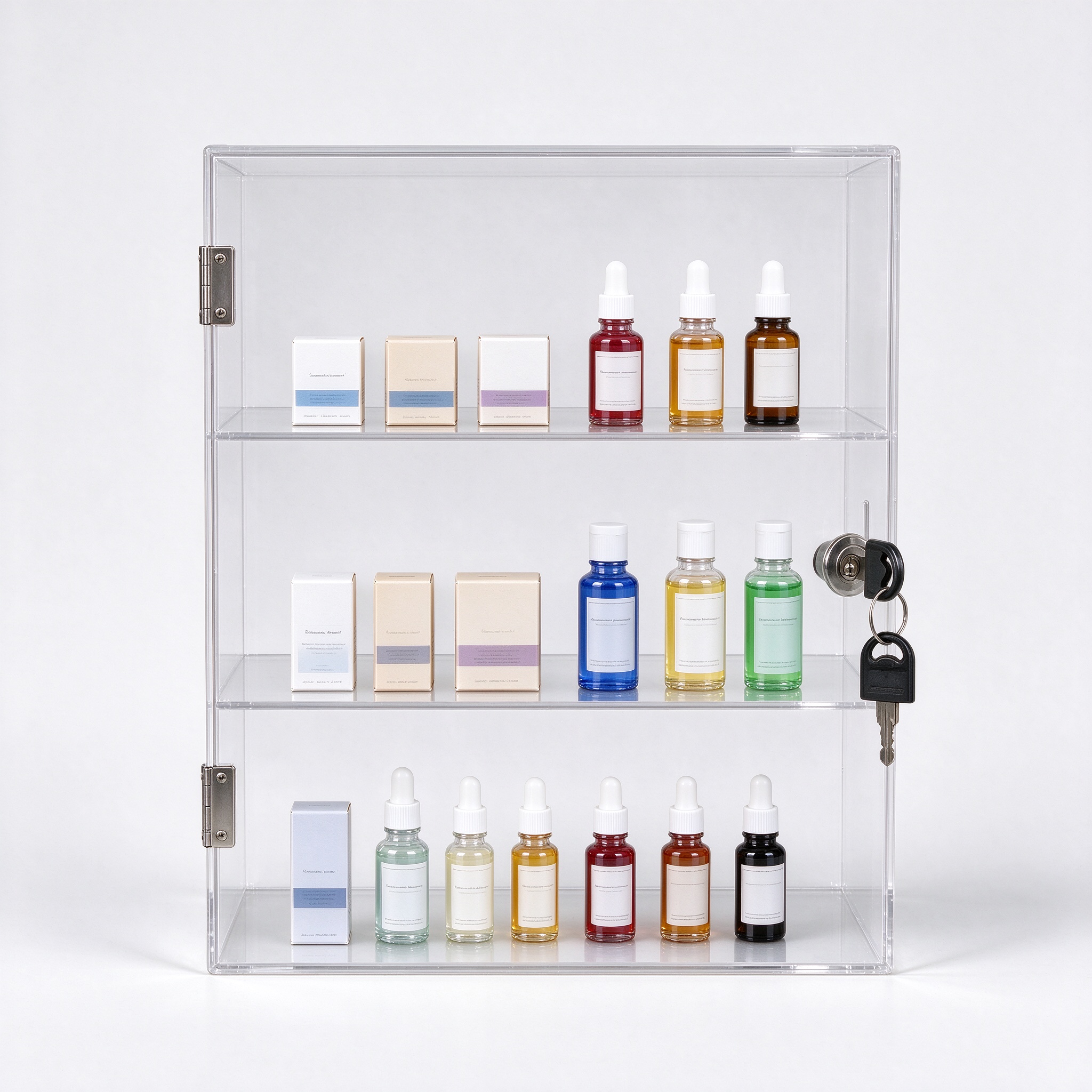 Clear acrylic wall mounted lockable display case straight-on view