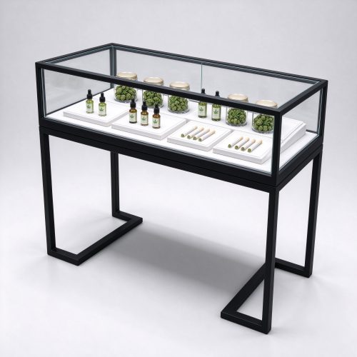 Black metal frame cannabis display table left 45 degree angle