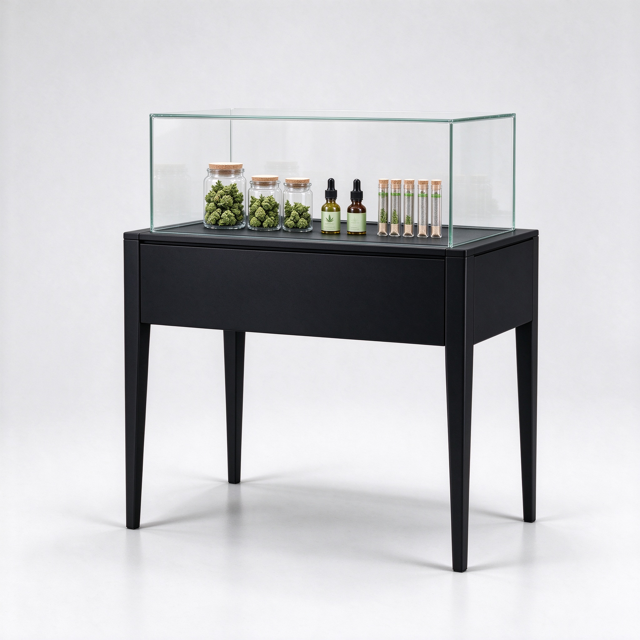 All black frameless glass cannabis display table left 45 degree angle