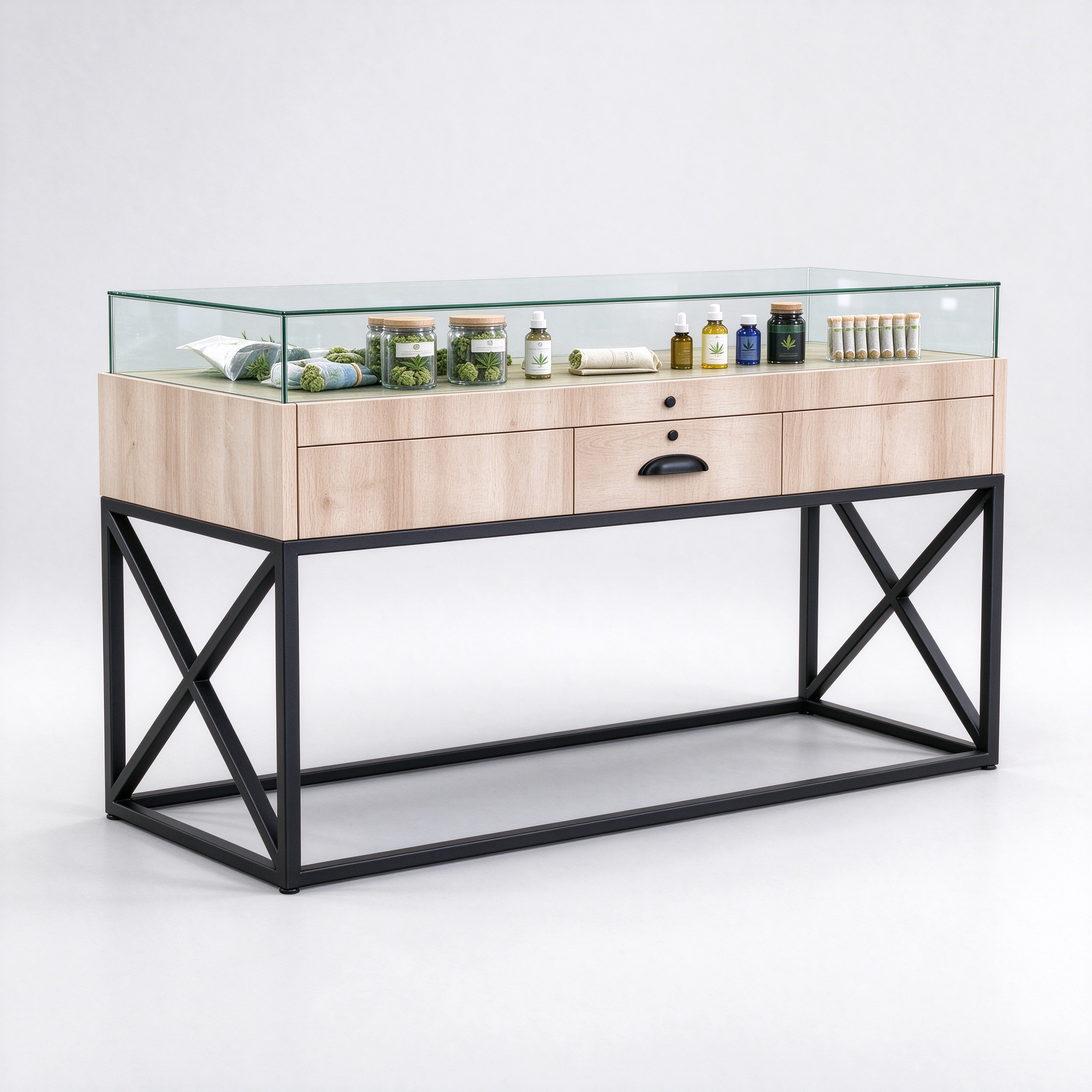 Light oak X-frame cannabis display counter left 45 degree angle