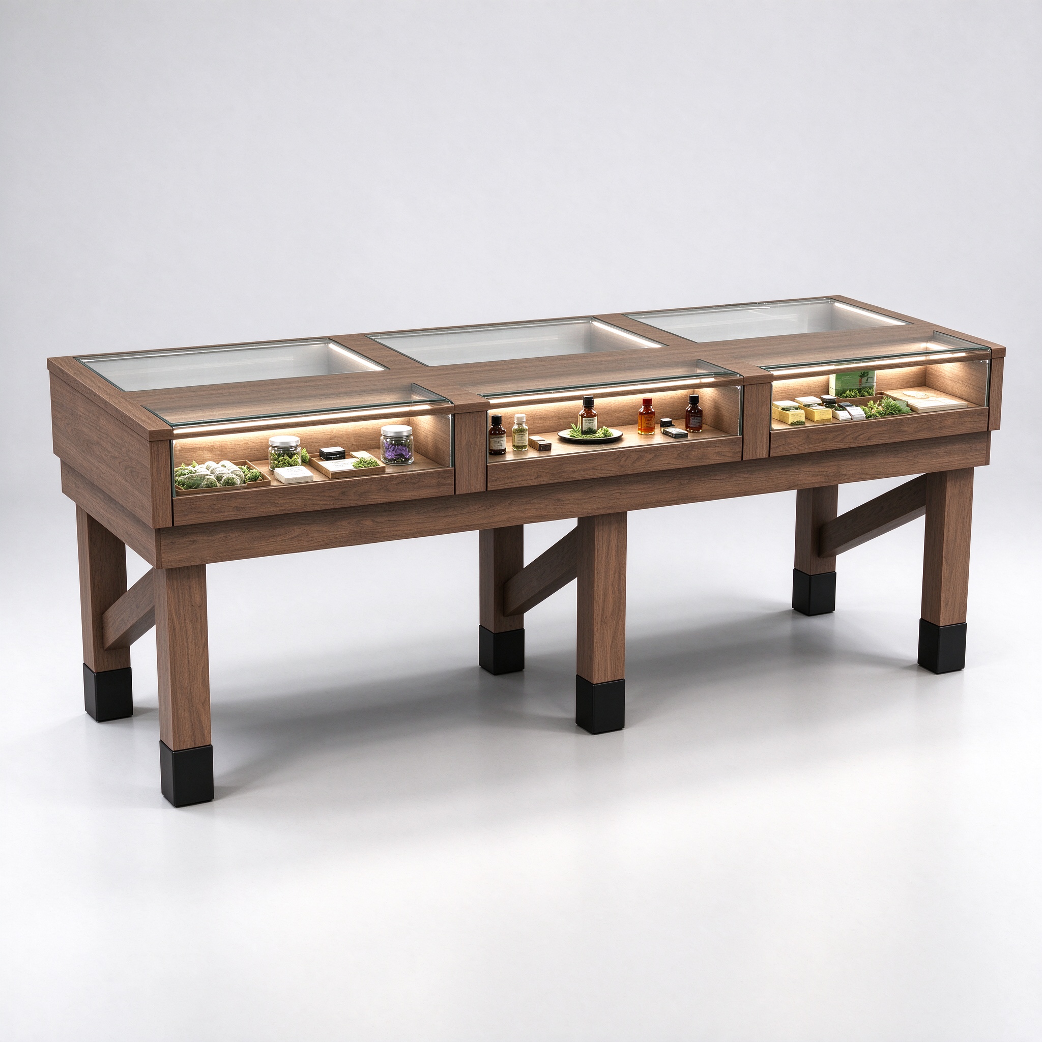 Medium oak three-bay cannabis display counter left 45 degree angle