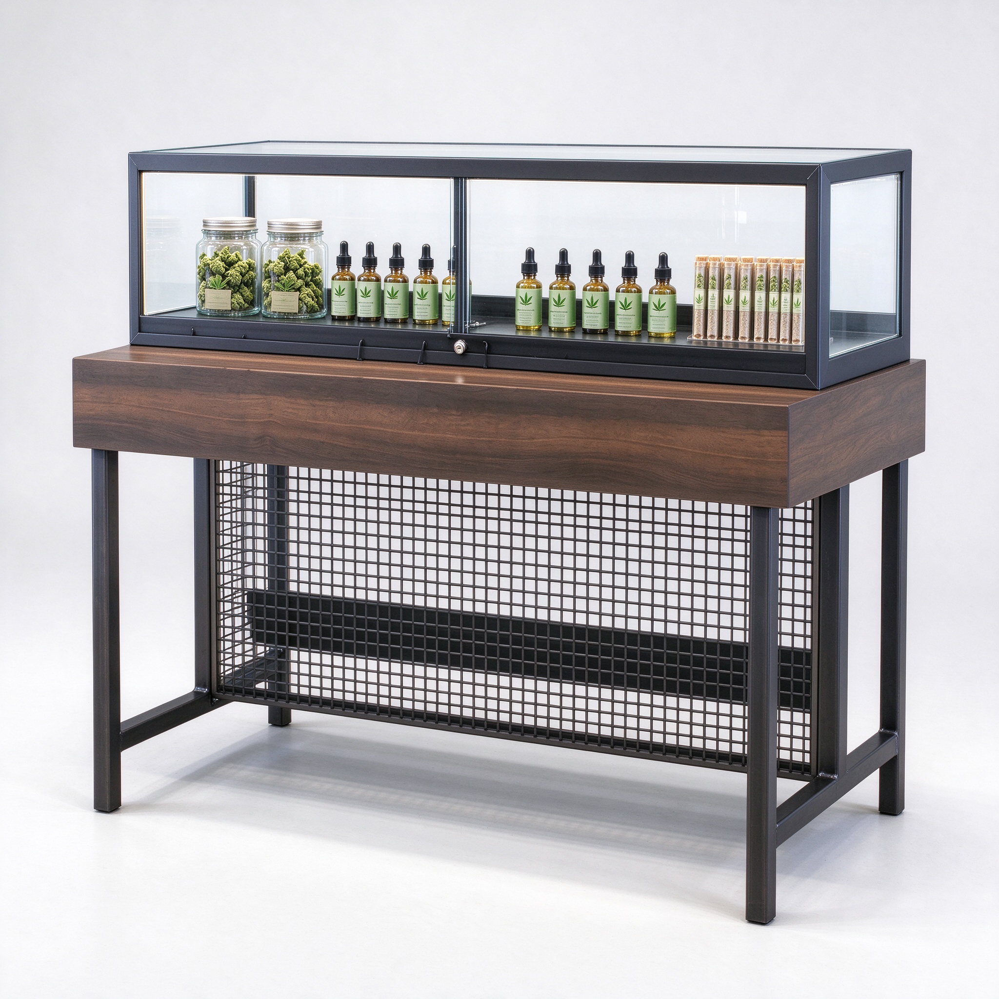 Walnut and black metal cannabis display table left 45 degree angle