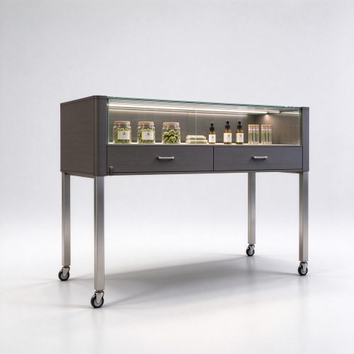 Dark gray-brown cannabis display island with casters left 45 degree angle