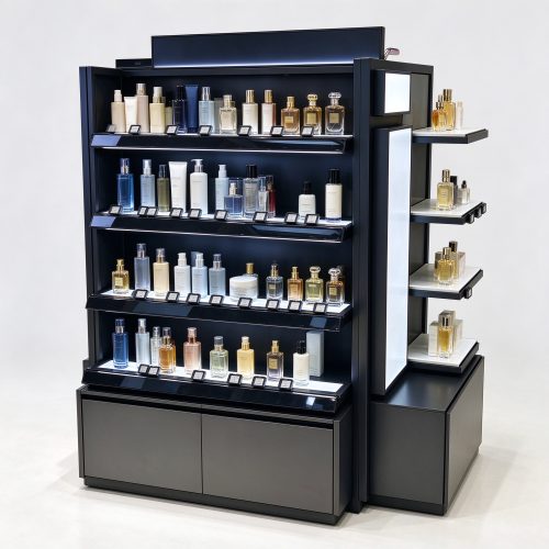 Black metal perfume gondola rack left 45 degree view with side wing shelves