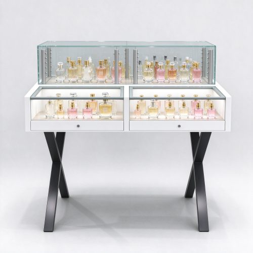 White glass perfume display table straight-on front view