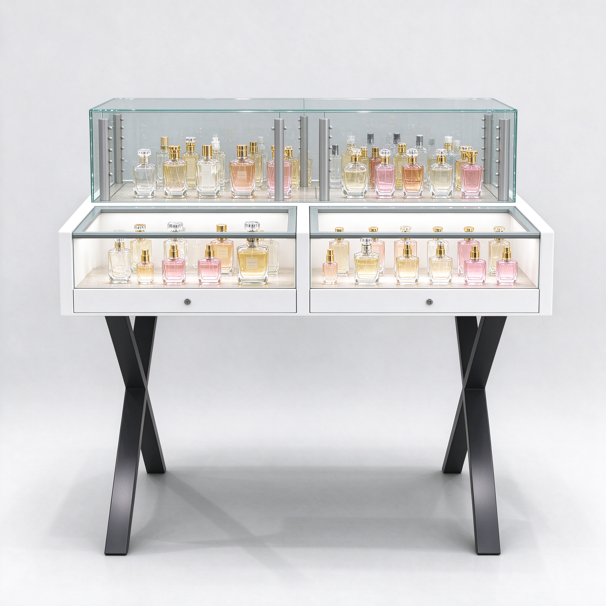 White glass perfume display table straight-on front view