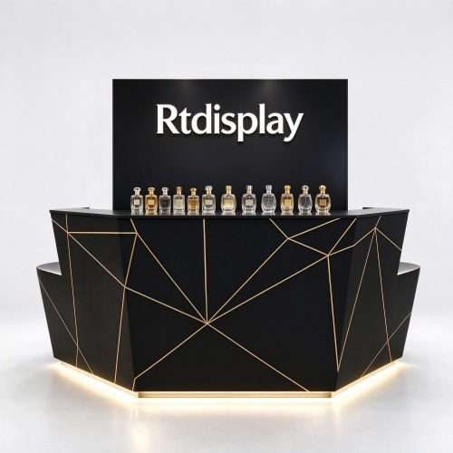 Black faceted perfume checkout counter straight-on front view
