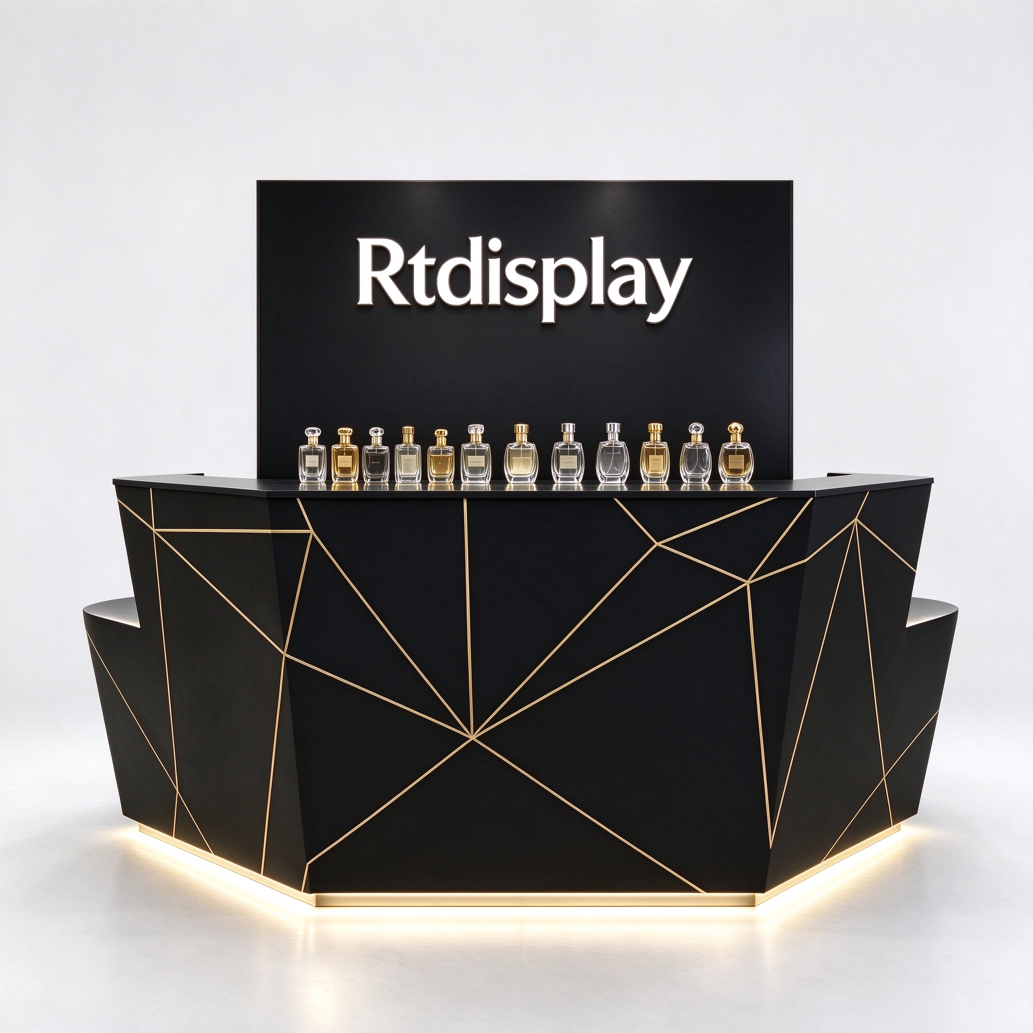 Black faceted perfume checkout counter straight-on front view