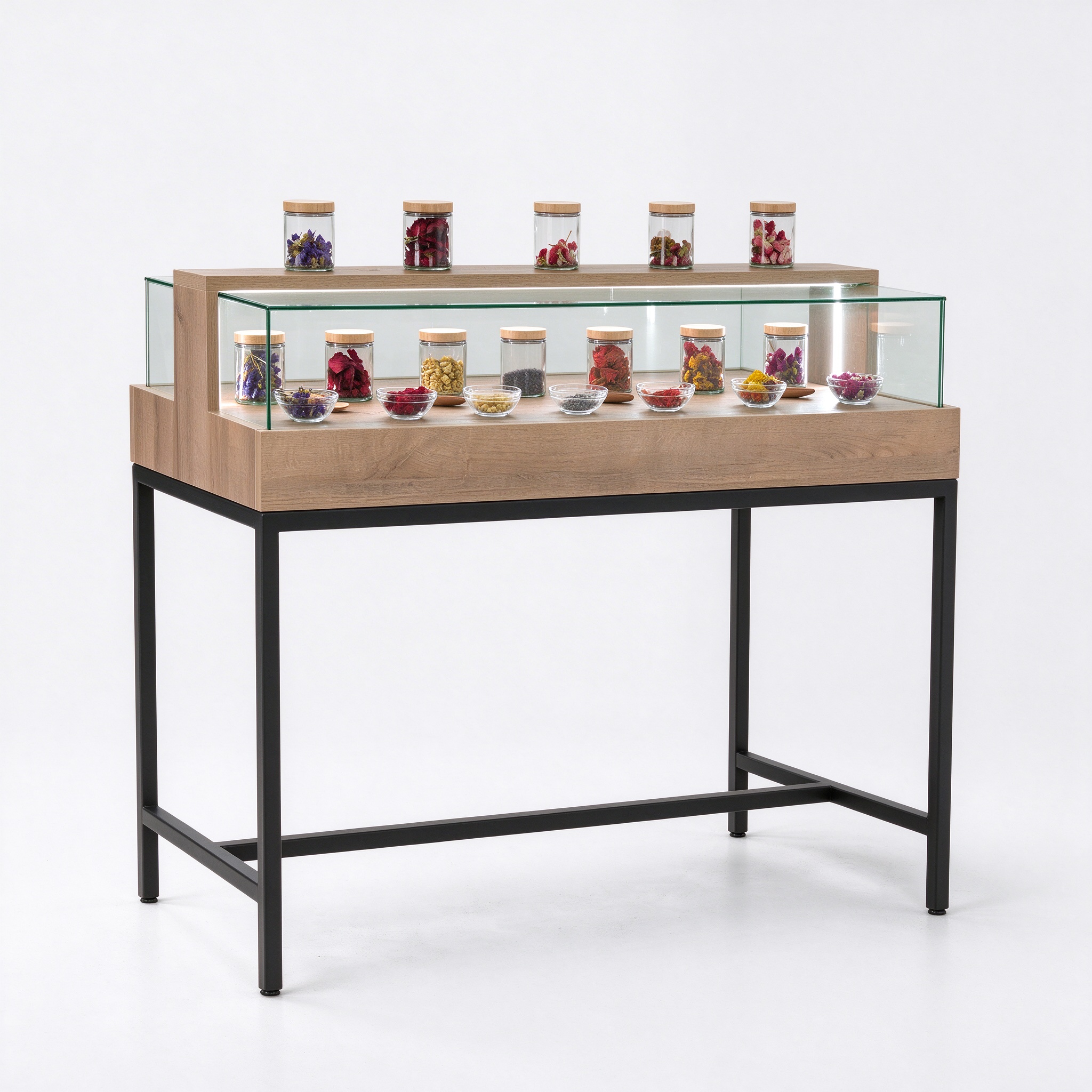Light oak two-tier cannabis display table left 45 degree angle
