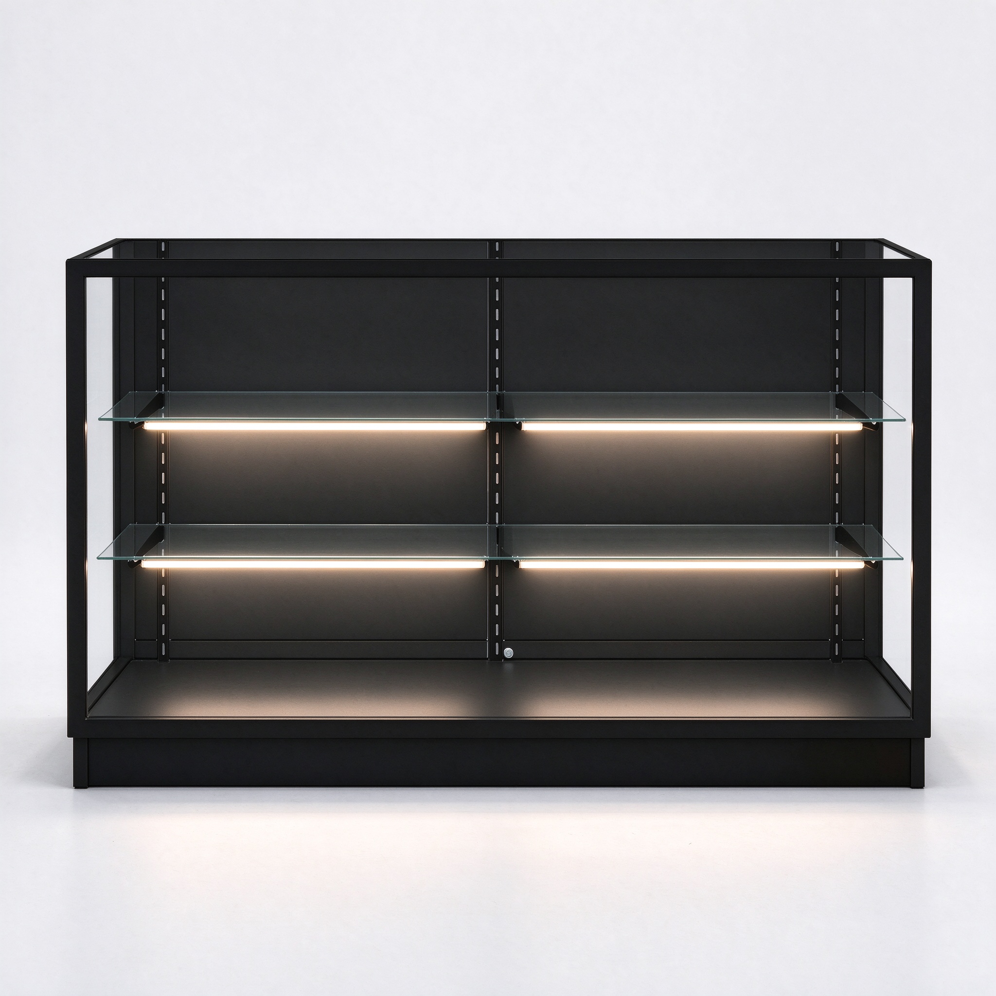 Black glass display counter straight-on front view