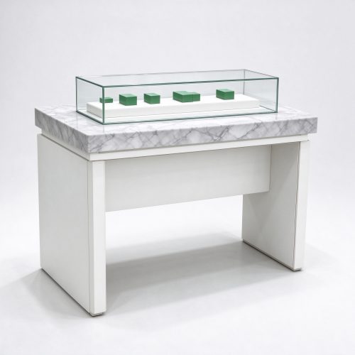 White and gray marble cannabis display table left 45 degree angle