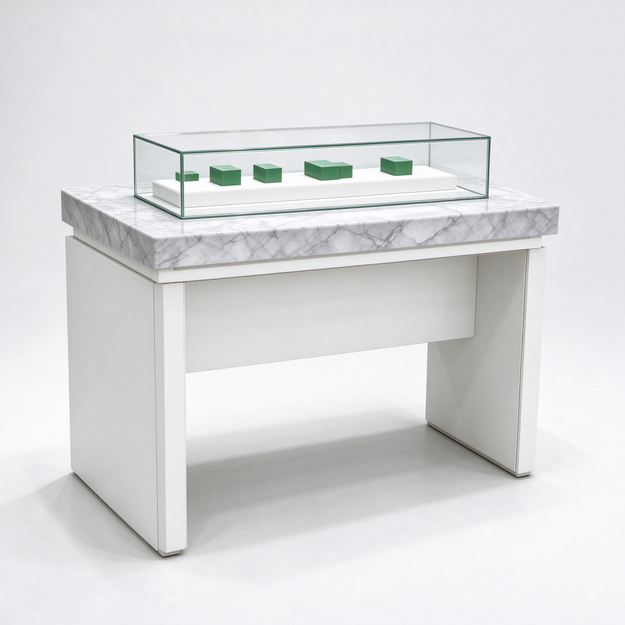 White and gray marble cannabis display table left 45 degree angle