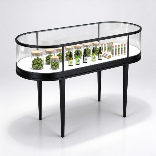 Black metal oval cannabis display table left 45 degree angle