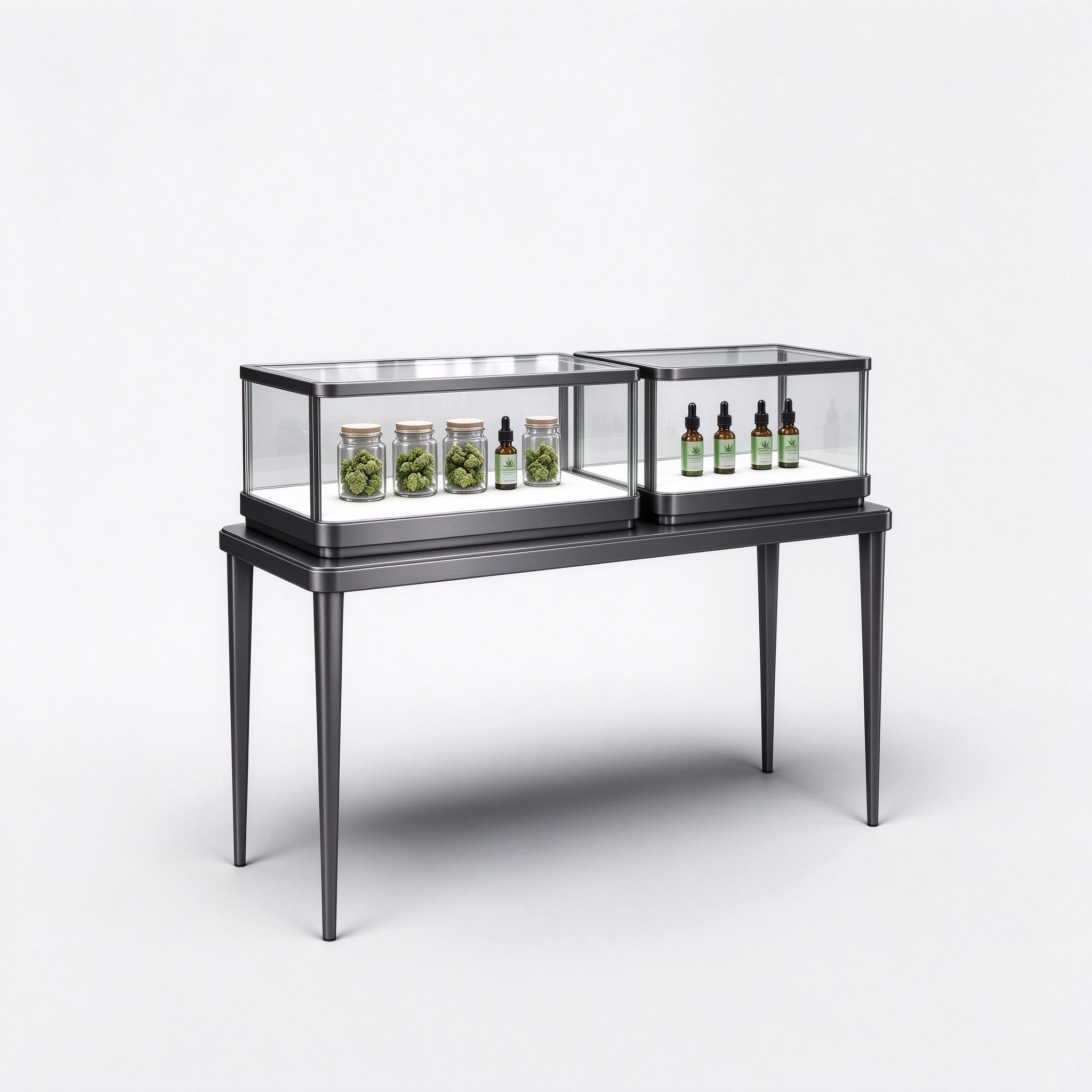 Dark gray metal two-tier cannabis display table left 45 degree angle