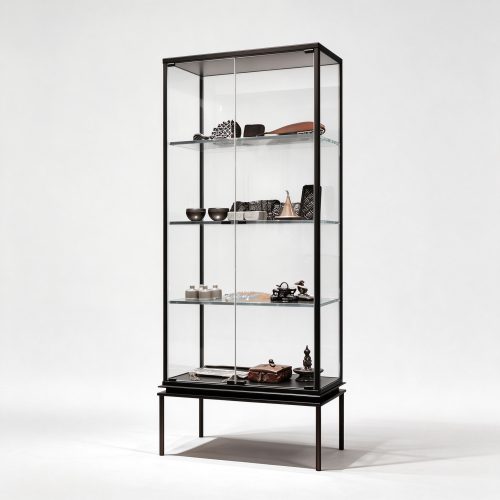Tall black metal display case glass showcase left 45 degree view