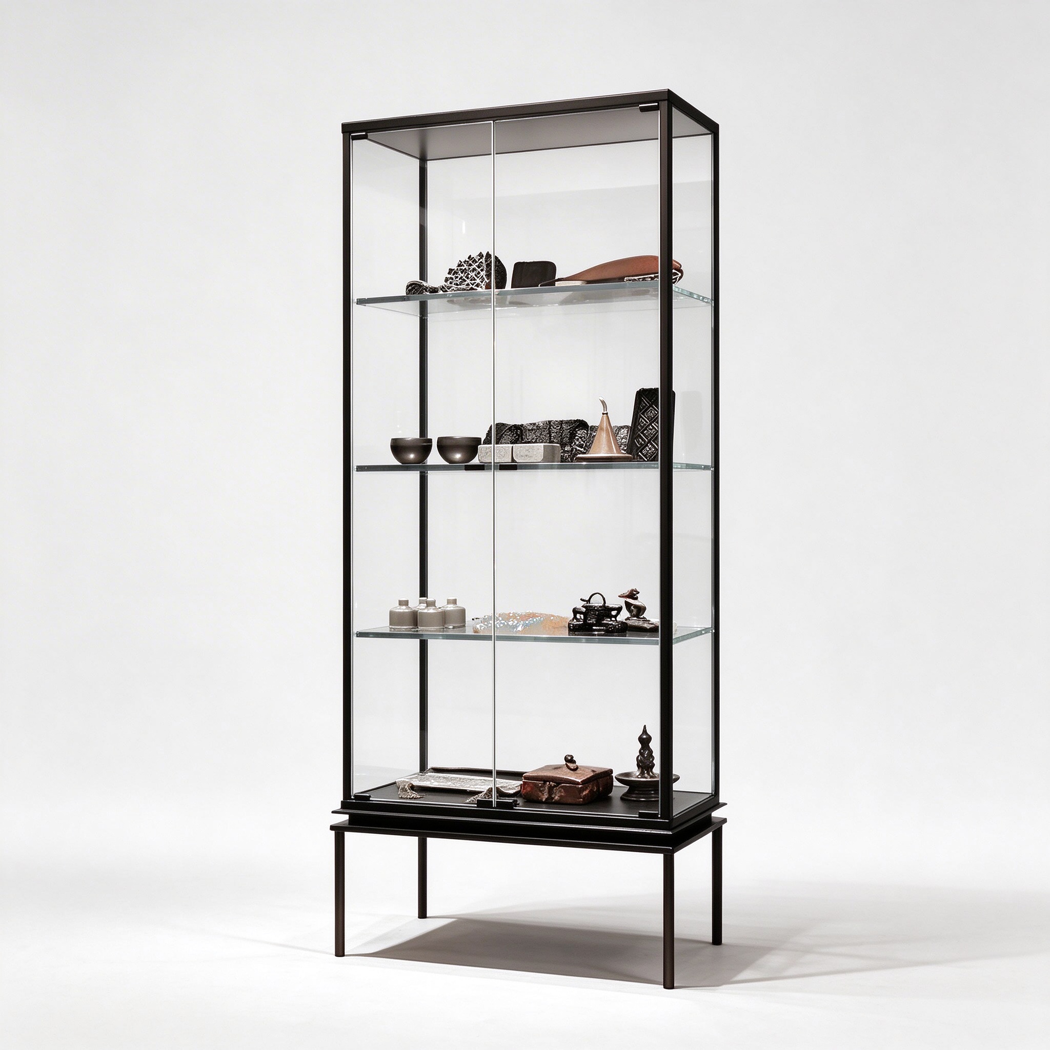 Tall black metal display case glass showcase left 45 degree view
