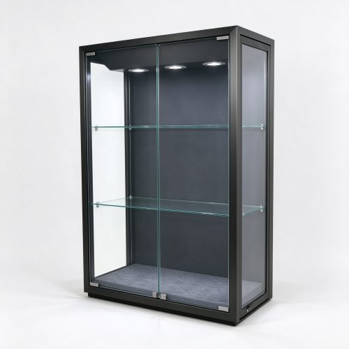 Wall mount black glass display cabinet left 45 degree view