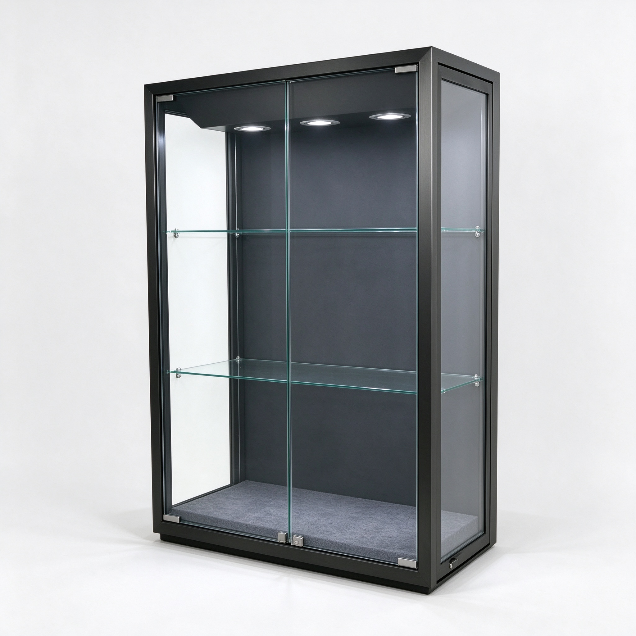 Wall mount black glass display cabinet left 45 degree view