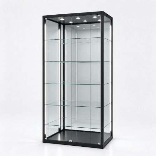 Metal frame display showcase tower left 45 degree view