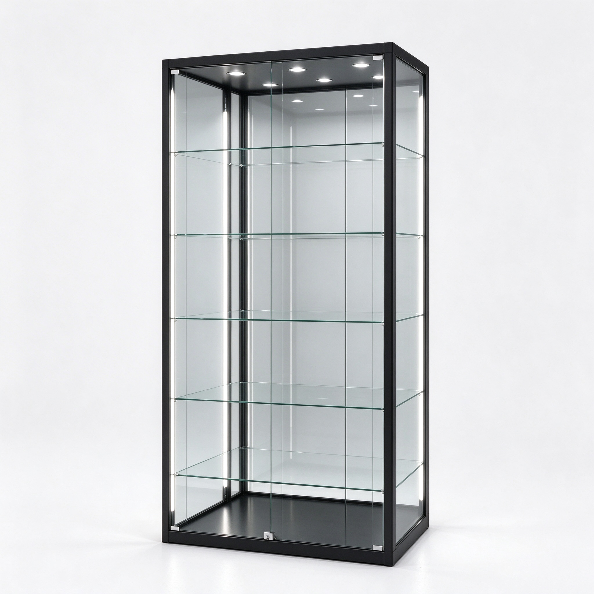 Metal frame display showcase tower left 45 degree view