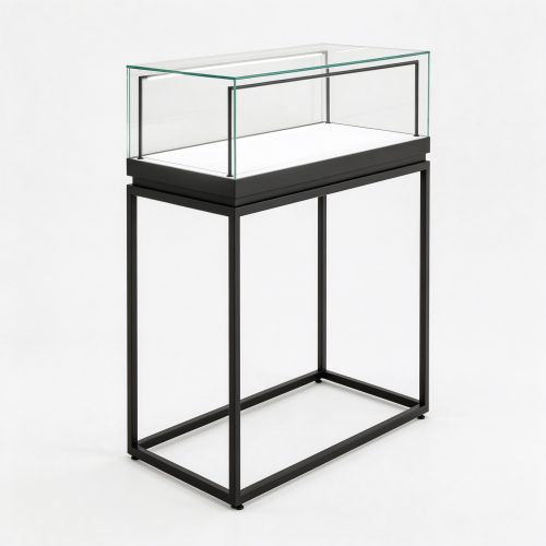 Glass display table with black metal stand left 45 degree view