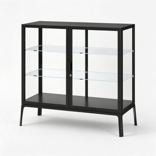 Low black metal glass display cabinet left 45 degree view