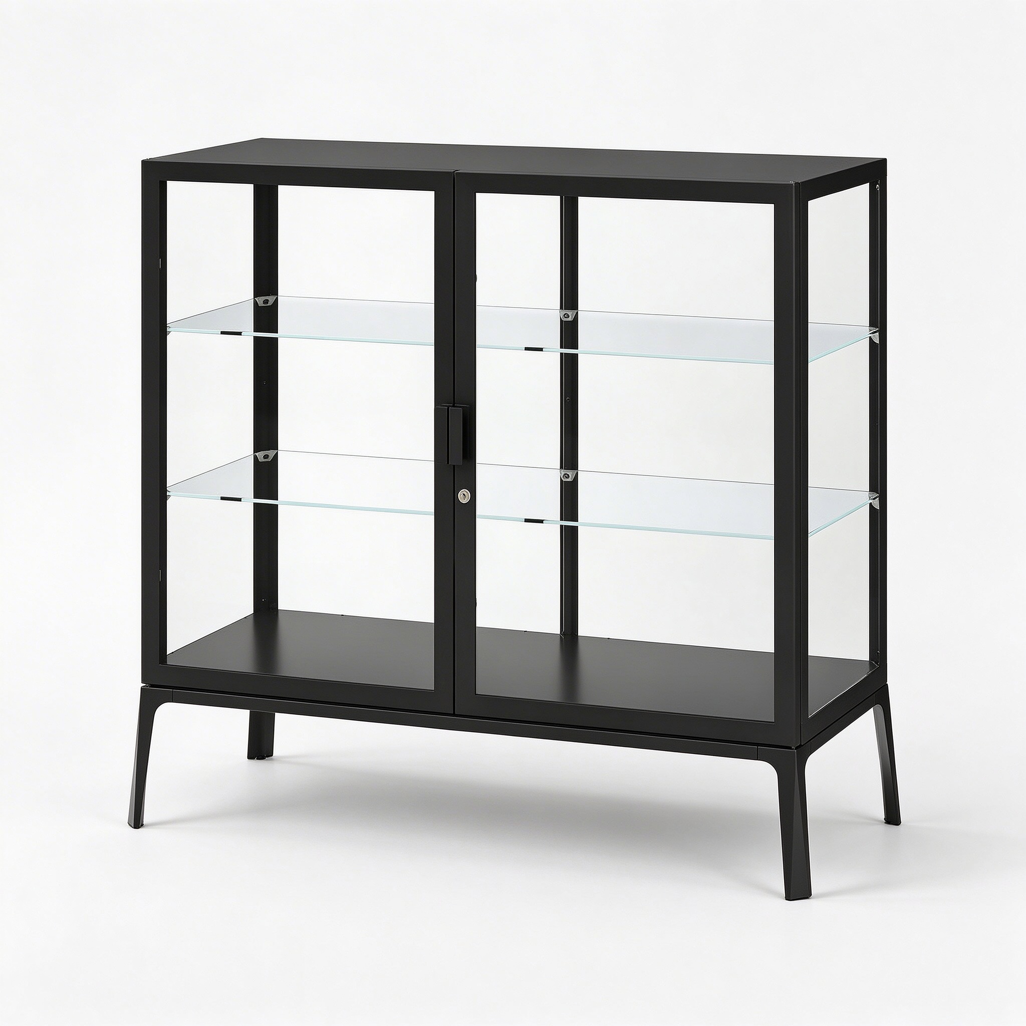 Low black metal glass display cabinet left 45 degree view