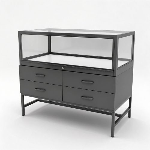 Gray metal glass display counter left 45 degree view