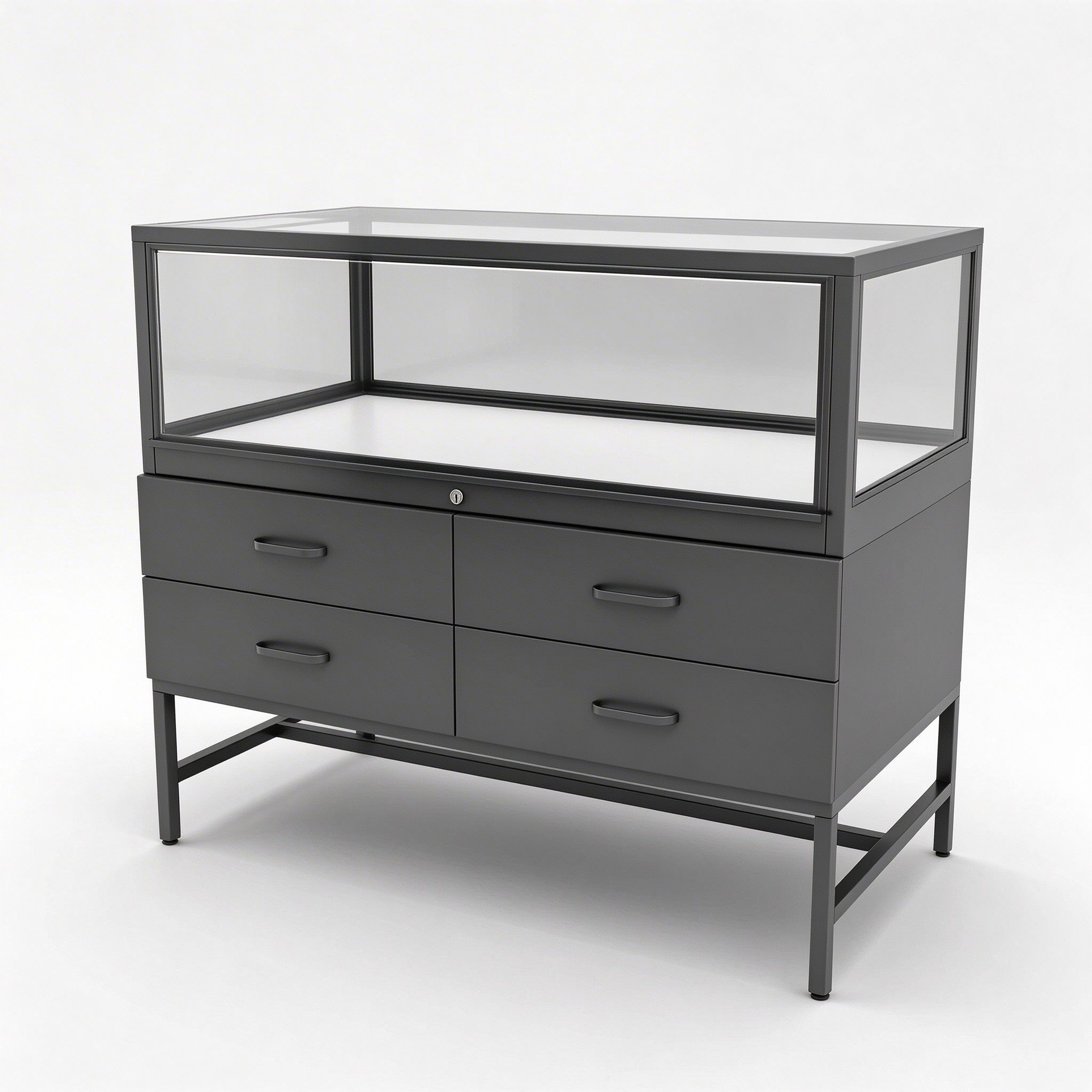 Gray metal glass display counter left 45 degree view