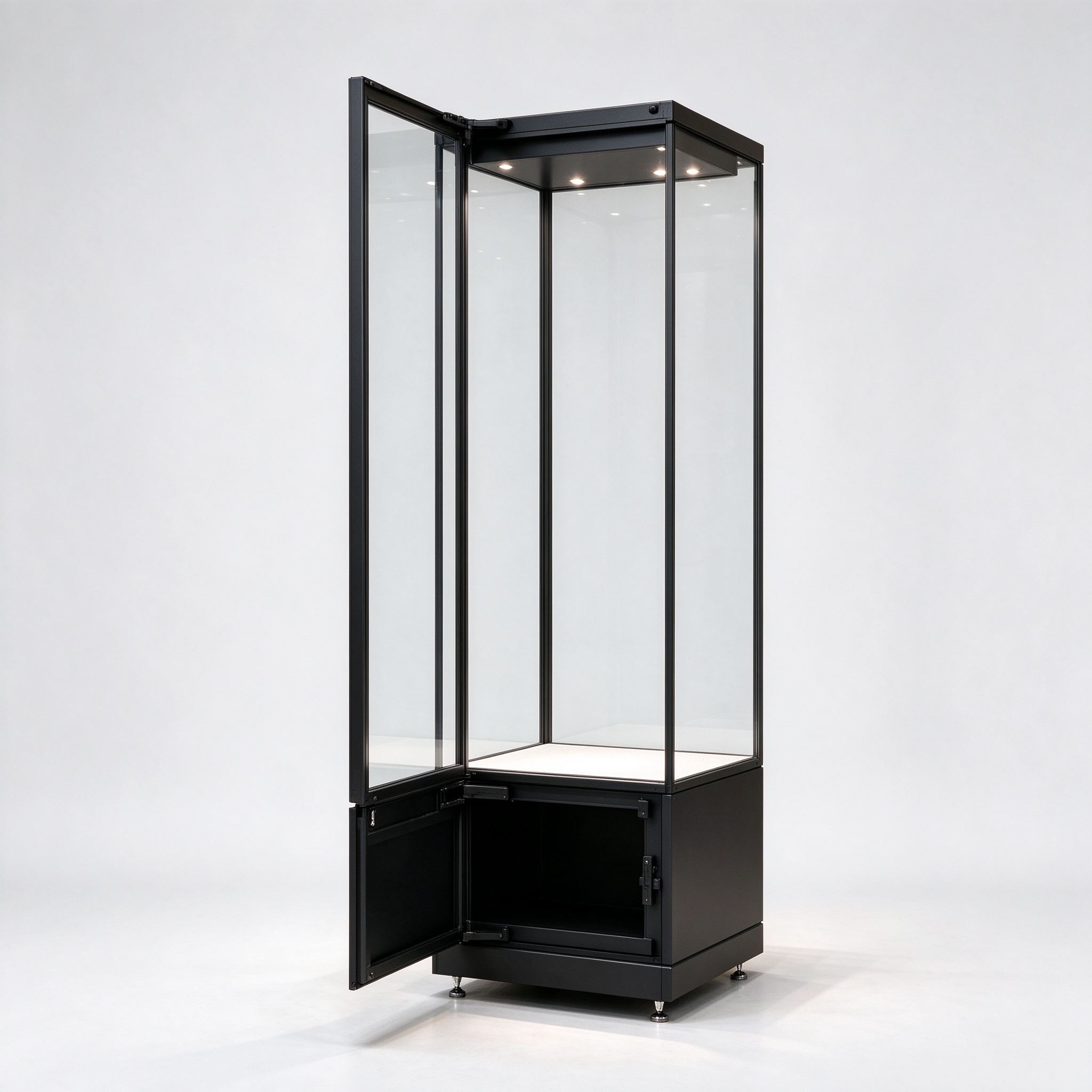 Museum metal display case door open left 45 degree view