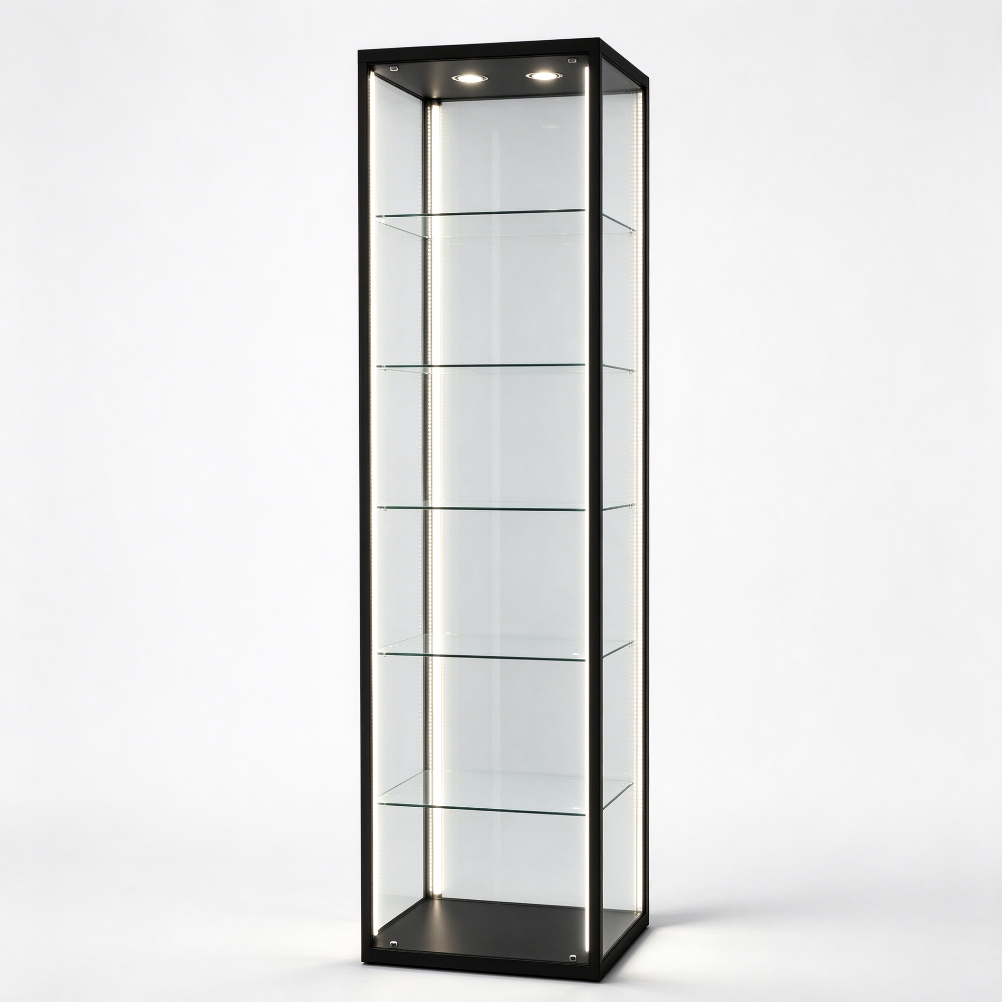 Tall narrow glass display tower left 45 degree view