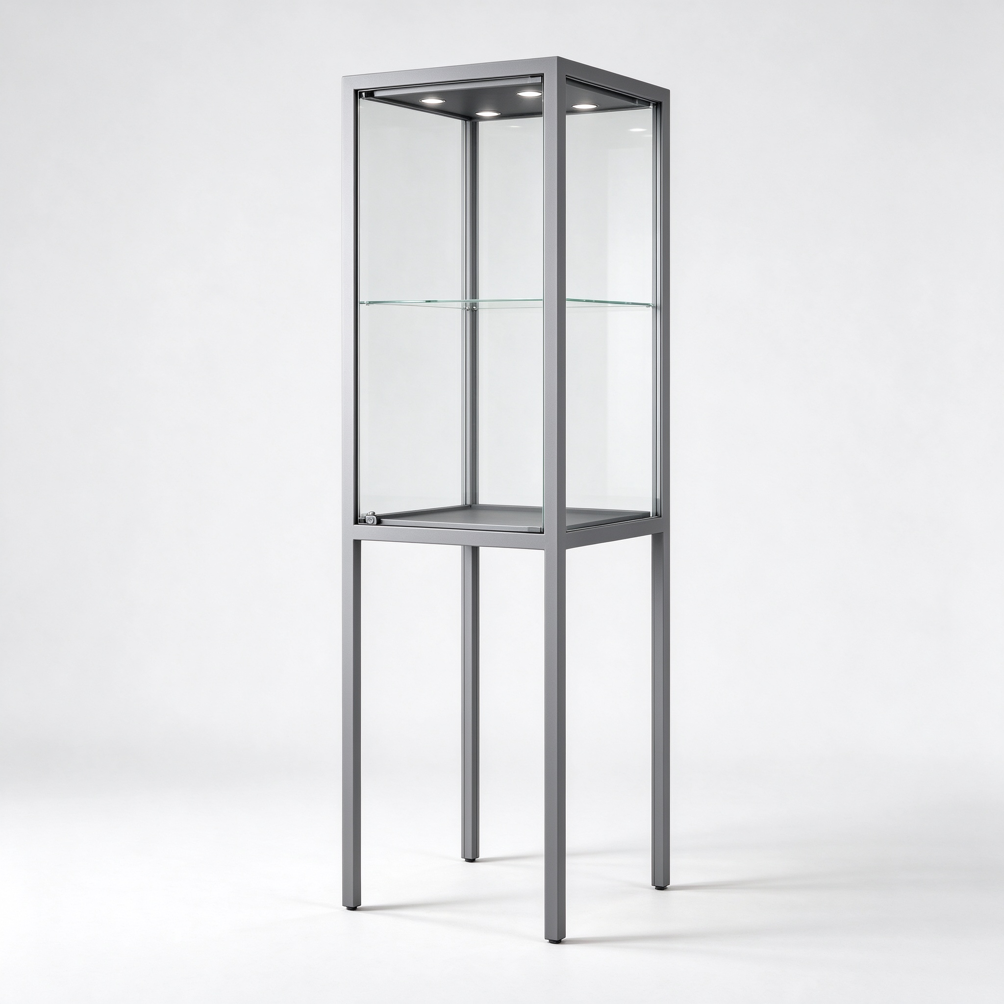 Grey metal frame display case left 45 degree view